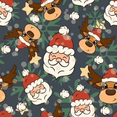 Şekerler ile Noel vektör sorunsuz desen tasarımı, Santas baş ve kırmızı şapka siyah arka plan izole geyik. Noel havası. Tekrarlanan reindeer baskı. Mutlu Noeller Happy New Year tasarım. 