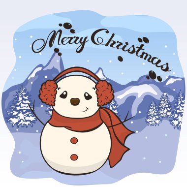 Eşarp ve kürk kulaklık vektör görüntü Noel karikatür kardan adam. Çocukların kış arkadaşı. Kardan adam ile Mutlu Noeller tebrik kartı. Yeni yıl afişi. Kar karakterinden kalıplanmış.