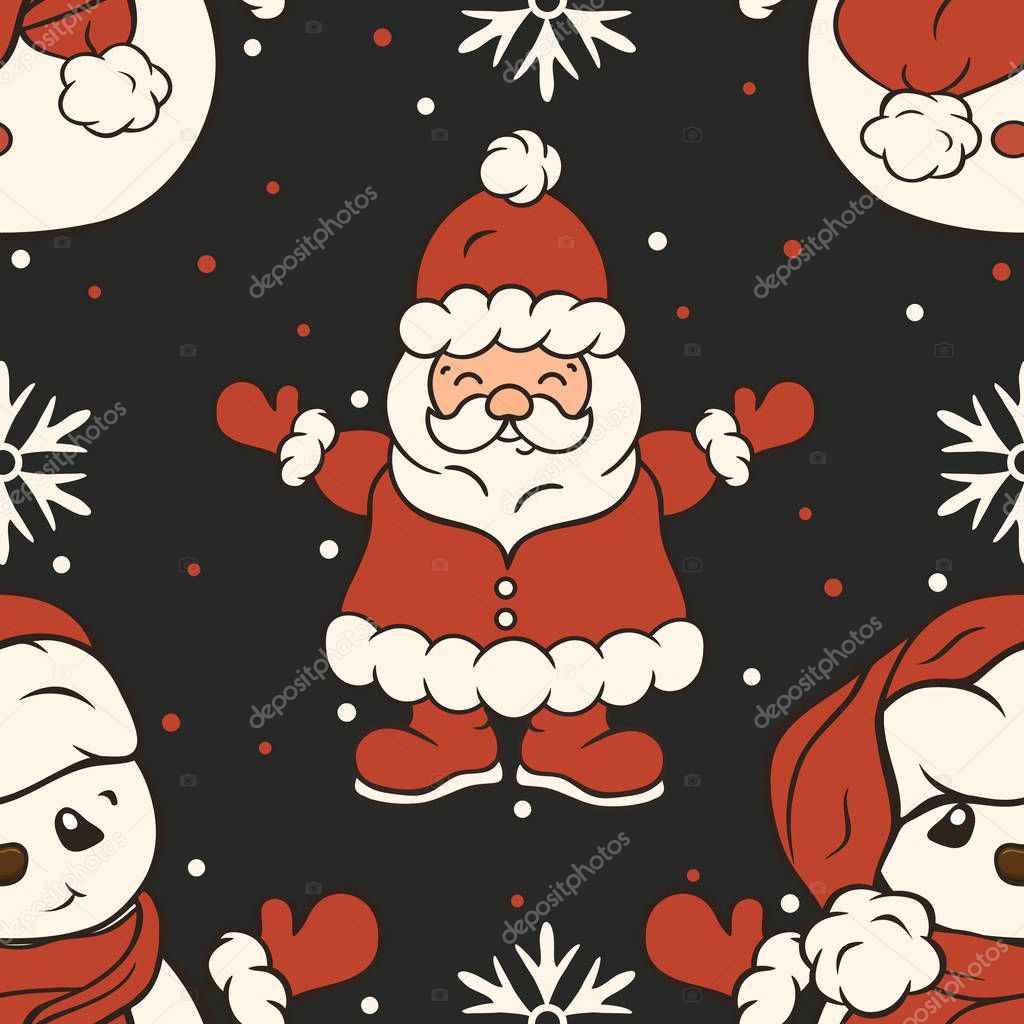 Christmas vector seamless pattern design with Santa Claus and snowman in red hat isolated on dark background. Christmas mood. Repeated print. Merry Christmas Happy New Year design.