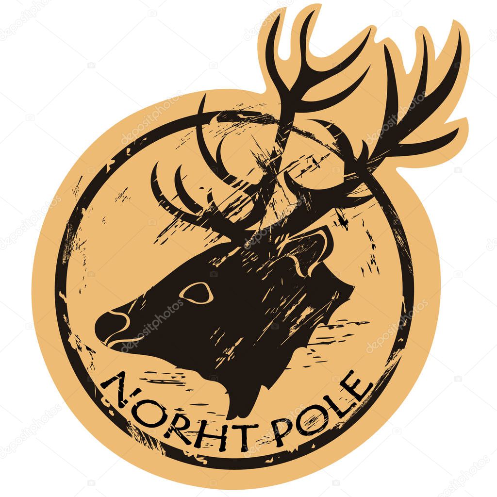 North Pole vector round shabby emblem design with deer head, old retro style. Santa Claus mail stamp isolated. Round seal imitation. Reindeer logo on craft paper background. Vintage grunge icon stamp.