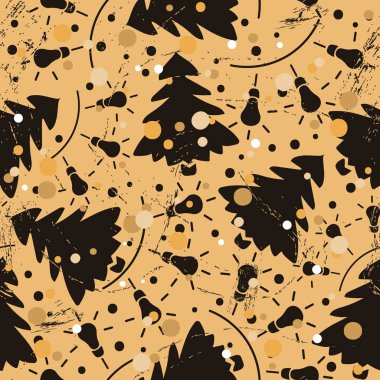 Noel ağacı, çelenk ve eski usul karla kusursuz bir desen. Ambalaj kağıdı veya arkaplan için tekrarlanan vintage model grunge tasarımı. Kağıt taklidi. Noel ya da yeni yıl havası