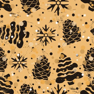 Noel ağacında pürüzsüz desen ve eski usul kar külahı. Noel ambalaj kağıdı ve arka plan için tekrarlanan klasik grunge tasarımı. Kağıt taklidi, kış ormanı.