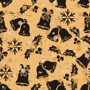 Ökseotu, kar taneleri ve eski usul çanları olan kusursuz bir desen. Noel ambalaj kağıdı ve arka plan için tekrarlanan klasik grunge tasarımı. Holly ve Jingle Zil Sanatları kağıt taklidi