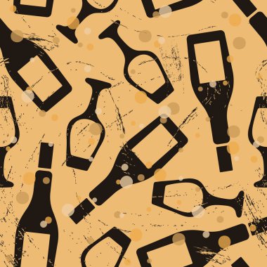 Şişe ve camla eski usul kusursuz desen. Ambalaj kağıdı veya arkaplan için tekrarlanan vintage model grunge tasarımı. Kağıt taklidi. Eski şarap için ambalaj, kış havası.