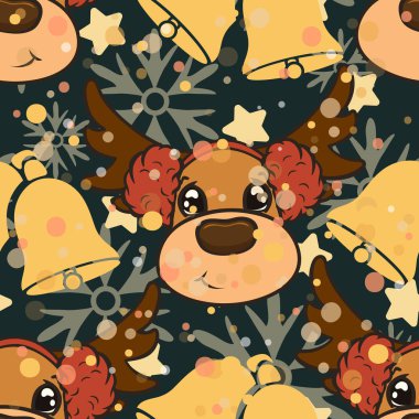 Karanlık arka planda izole edilmiş ren geyiği ve çan desenli Noel vektörü deseni tasarımı. Noel kar yağışı havası. Tekrarlanan geyik izi. Mutlu Noeller Yeni Yıl Tasarımı.