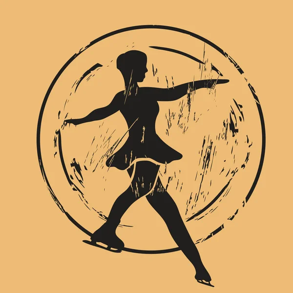 Figure Skater Silhouette Icône Vecteur Rond Shabby Emblème Design Vieux — Image vectorielle