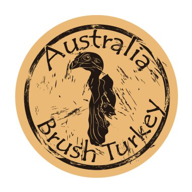 Fırça hindi kuşu silueti simgesi, eski moda, eski moda bir amblem tasarımı. Avustralya fırçalı hindi kafası logo damgası kağıt vintage grunge tabelasında. Cuvier 'in fırça hindisi. Fauna Avustralya.
