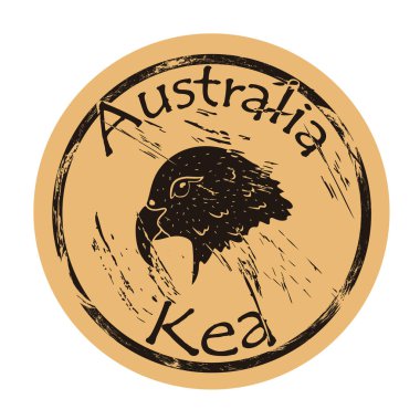 Kea Bird siluet simgesi, eski usul eski usul, eski püskü amblem tasarımı. Koyun avlayan yırtıcı papağan. Yeni Zelanda faunası. Kea papağan kafası logosu kağıt vintage grunge tabelasına damgalanmış..