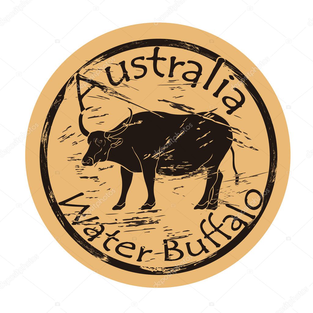 Wild Asian water buffalo silhouette icon round shabby emblem design old retro style. Buffalo in full growth. Australian Buffalo Full Breed logo mail stamp on craft paper vintage grunge sign.