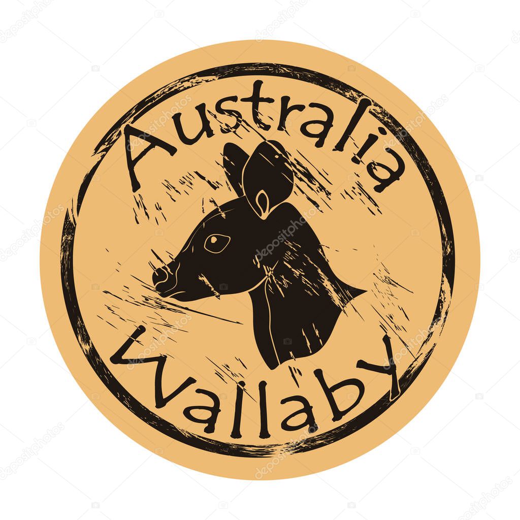 Wallaby profile head silhouette icon vector round shabby emblem design, old retro style. Australian animal logo mail stamp on craft paper. Realistic wallaby design shape vintage grunge sign.