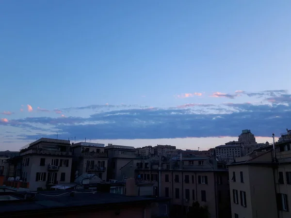 Une Légende Étonnante Coucher Soleil Sur Ville Genova Dans Les — Photo