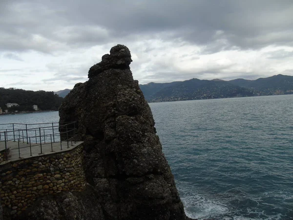 Promenade Bord Mer Portofino Ligurie Avec Ciel Gris Quelques Arbres — Photo