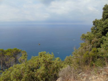 Liguria 'daki 5 Terre' den harika bir manşet. Arka planda harika mavi gökyüzü ve yeşil dağlar var.