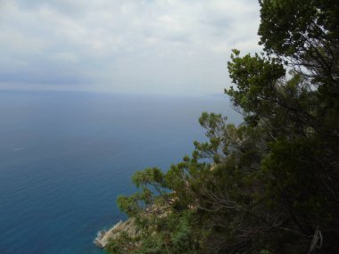 Liguria 'daki 5 Terre' den harika bir manşet. Arka planda harika mavi gökyüzü ve yeşil dağlar var.