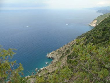 Liguria 'daki 5 Terre' den harika bir manşet. Arka planda harika mavi gökyüzü ve yeşil dağlar var.