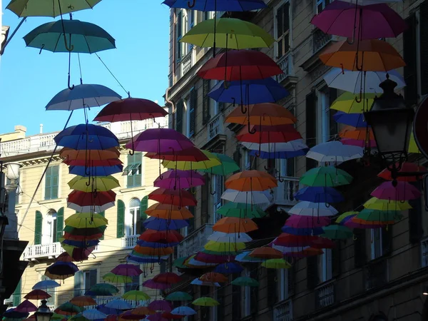 Beautiful coloured umbrellas over the city with some buildings