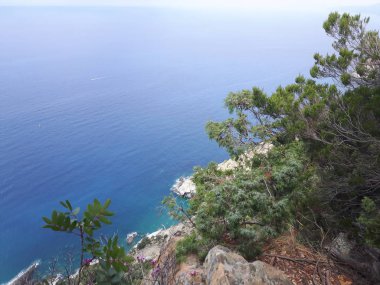 Liguria 'daki 5 Terre' den harika bir manşet. Arka planda harika mavi gökyüzü ve yeşil dağlar var.