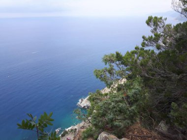 Liguria 'daki 5 Terre' den harika bir manşet. Arka planda harika mavi gökyüzü ve yeşil dağlar var.