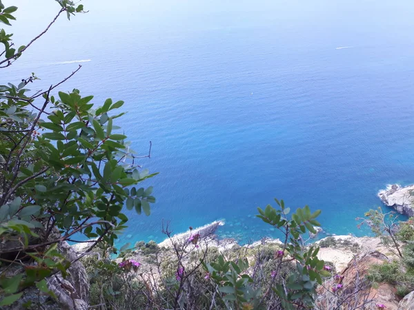 Liguria 'daki 5 Terre' den harika bir manşet. Arka planda harika mavi gökyüzü ve yeşil dağlar var.