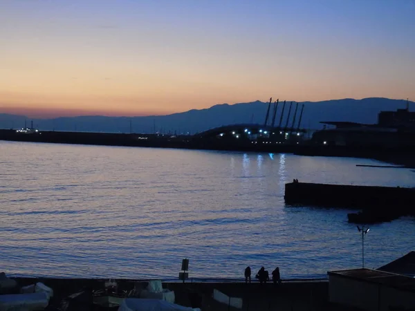 Genova Italien 2019 Fantastisk Bildtext Solnedgången Över Havet Med Några — Stockfoto