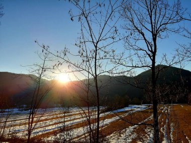 Tiglieto, İtalya - 02/26/2019: güzel gri arka plan ile bazı güzel çiçekler ve ağaçlar yaprak ve dağlara küçük görünümü olmadan kışın köyde ilk kar.