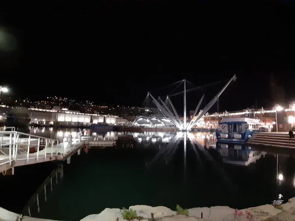 Genova Olaszország 2019 Egy Csodálatos Felirat Kikötő Genova Éjjel Tavasszal — Stock Fotó