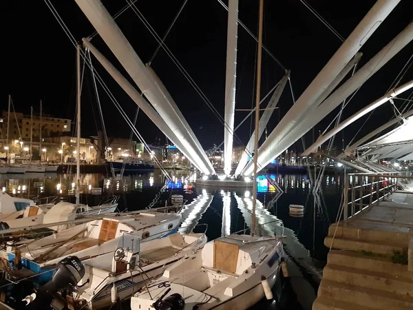 Genova Włochy 2019 Niesamowity Podpis Portu Genui Nocą Wiosenne Dni — Zdjęcie stockowe