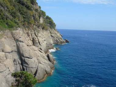 Portofino, İtalya - 21.08.2019: Sümer günlerinde Portofino'da renkli evler emdirilen güzel koy. Ligurian dağları etrafında yürüyüş.