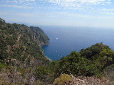 Portofino, İtalya - 21.08.2019: Sümer günlerinde Portofino'da renkli evler emdirilen güzel koy. Ligurian dağları etrafında yürüyüş.