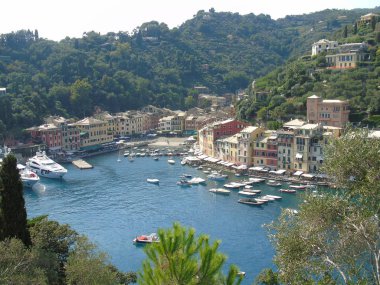 Portofino, İtalya - 21.08.2019: Sümer günlerinde Portofino'da renkli evler emdirilen güzel koy. Ligurian dağları etrafında yürüyüş.