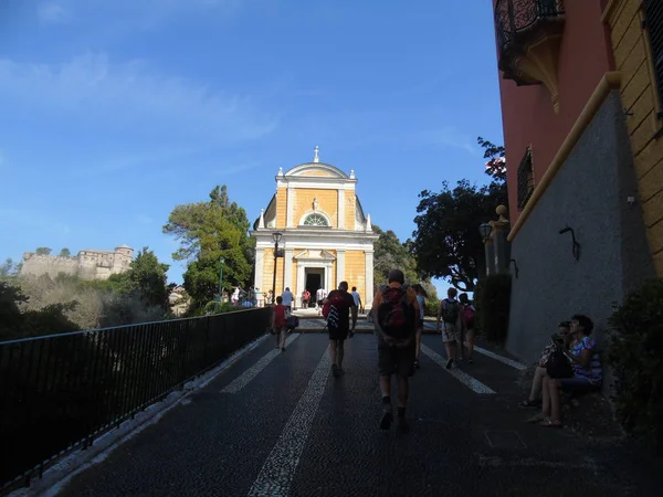 Portofino Itália 2019 Bela Baía Com Casas Coloridas Portofino Nos — Fotografia de Stock