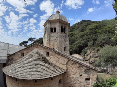 Portofino, İtalya - 29.08.2019: Sümer günlerinde Portofino'da renkli evler emdirilen güzel koy. Ligurian dağları etrafında yürüyüş.
