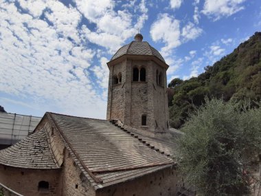 Portofino, İtalya - 29.08.2019: Sümer günlerinde Portofino'da renkli evler emdirilen güzel koy. Ligurian dağları etrafında yürüyüş.