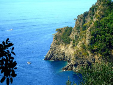 Liguria, İtalya - 25.09.2019: Güzel mavi gökyüzü ile ligurian sahil inanılmaz bir başlık. Denize panoramik manzara ve sudaki ağaçların yansıması. Siyah beyaz fotoghraphy.