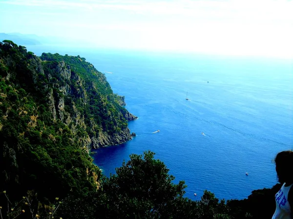 stock image Liguria, Italy - 09/25/2019: An amazing caption of the ligurian seaside with beautiful blue sky. Panoramic view to the sea and reflection of the trees in the water. Black and White photoghraphy.