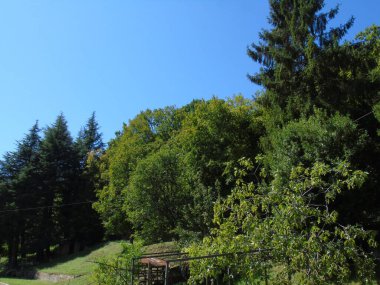 Tarzo, İtalya - 08 / 15 / 2020: Yaz günlerinde İtalya 'nın kuzeyinden gelen küçük bir köyün güzel fotoğrafları. Eski kiliseye, dağlara ve arka planda gri ve mavi gökyüzü olan bazı evlere bakın..