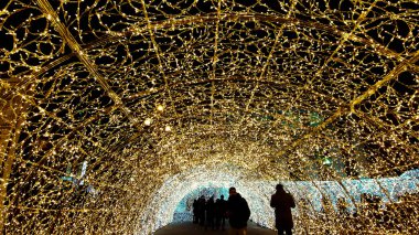 Cenova, İtalya - 08 / 25 / 2020: Cenova sokaklarında güzel renkli süslemeler. Farklı renklerde öncü ve neon galeri ışıkları. Bazıları akşamdan ve tatilden zevk alır..