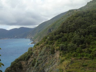Cinque Terre, İtalya - 08 / 31 / 2020: Bir kıyı balıkçı köyünün güzel manzarası, pek çok küçük renkli ev manzarası, Cinque Terre adlı küçük İtalyan kasabasının geleneksel mimarisi