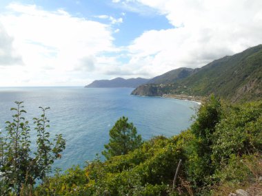 Cinque Terre, İtalya - 08 / 31 / 2020: Bir kıyı balıkçı köyünün güzel manzarası, pek çok küçük renkli ev manzarası, Cinque Terre adlı küçük İtalyan kasabasının geleneksel mimarisi