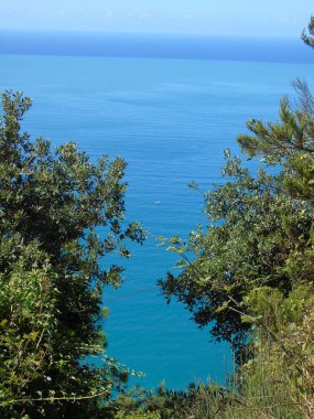Liguria, İtalya - 09 / 01 / 2020: Liguria 'daki Monesteroli kasabasına giden denize bakan dik merdiven.