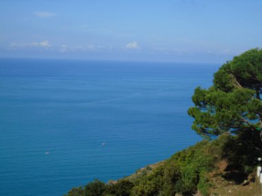 Liguria, İtalya - 09 / 01 / 2020: Liguria 'daki Monesteroli kasabasına giden denize bakan dik merdiven.
