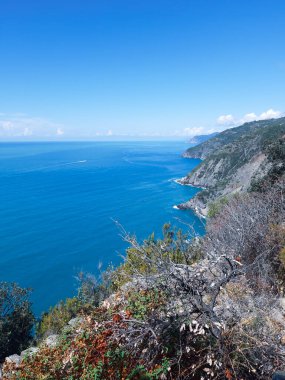 Cinque Terre, İtalya - 09 / 02 / 2020: Bir kıyı balıkçı köyünün güzel manzarası, pek çok küçük renkli ev manzarası, Cinque Terre adlı küçük İtalyan kasabasının geleneksel mimarisi