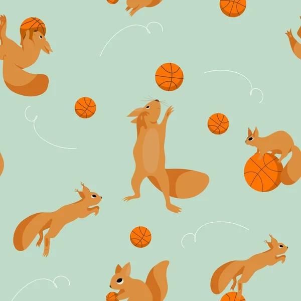 Set di cartoni animati, modello senza soluzione di continuità con scoiattoli giocosi treccia nel basket — Vettoriale Stock
