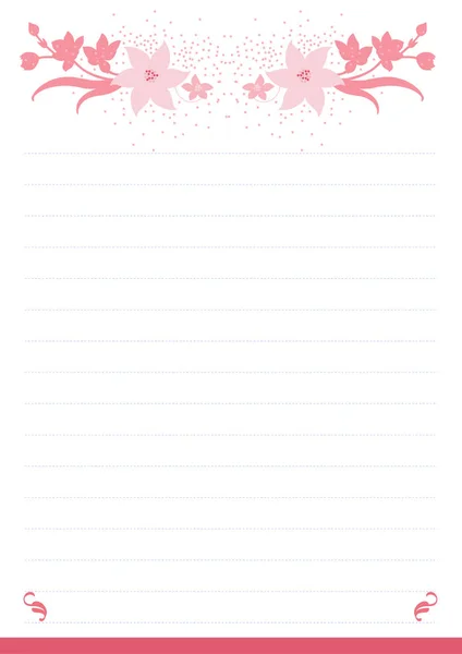 Vector utskrift papper märka, optimal A4 storlek. Kawaii papper för notebook, dagbok, planerare, bokstäver, noter. Söt illustration med rosa blommor. Abstrakt design, fodrad version — Stock vektor