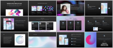 En az sunular, geometrik desenler, degradeler, siyah arka plan üzerine sıvı şekilleri ile portföy şablonlar. Broşür kapak vektör tasarımı. Sunu slaytları el ilanı, broşür, rapor vb için.