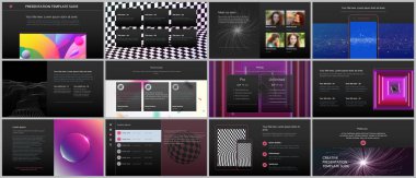 En az sunular, canlı renkli gradyan arka planlar ile portföy şablonlar. Broşür kapak vektör tasarımı. El ilanı, broşür, broşür, sunu slaytlarını rapor, pazarlama, reklam.