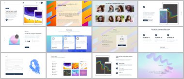 Web sitesi tasarımı, en az sunumları, geometrik renkli desenler, degradeler, sıvı şekilleri ile portföy için vektör şablonları. UI, Ux, GUI. Tasarım üstbilgileri, Pano, özellikleri sayfasında, blog vb.
