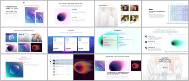 En az sunular, renkli gradyan bulanıklaştırma ve geometrik arka planlar ile portföy şablonlar. Broşür kapak vektör tasarımı. Sunu slaytları el ilanı, broşür, broşür, rapor, pazarlama için.