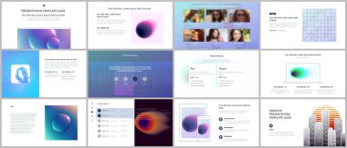 En az sunular, renkli gradyan bulanıklaştırma ve geometrik arka planlar ile portföy şablonlar. Broşür kapak vektör tasarımı. Sunu slaytları el ilanı, broşür, broşür, rapor, pazarlama için.