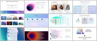 En az sunular, renkli gradyan bulanıklaştırma ve geometrik arka planlar ile portföy şablonlar. Broşür kapak vektör tasarımı. Sunu slaytları el ilanı, broşür, broşür, rapor, pazarlama için.